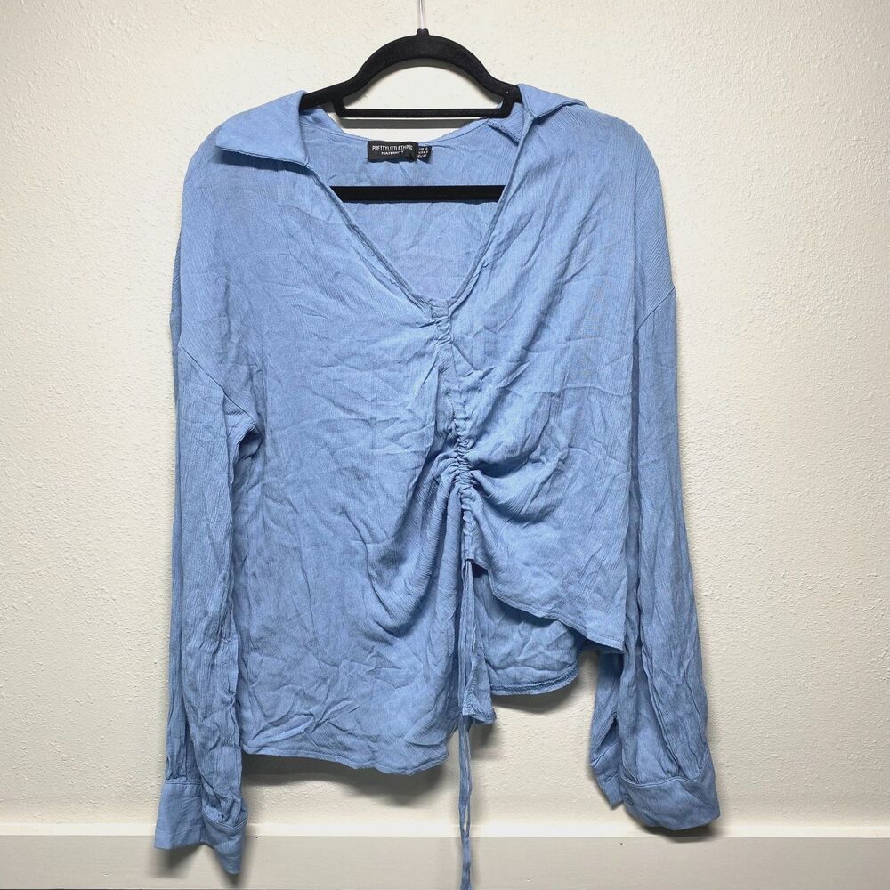 NWT PLT Pretty Little Thing Maternity Blue V Neck Rouched Blouse Size 12